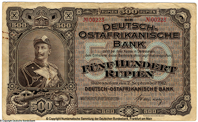  Deutsch-Ostafrikanische Bank. Banknote. 500 Rupien. 1912. 