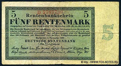 Deutschen Rentenbank. Rentenbankschein. 5 Rentenmark. 1. November 1923. 