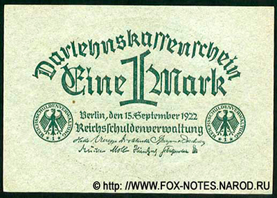 Darlehnskassenschein. 1 Mark. 15. September 1922.