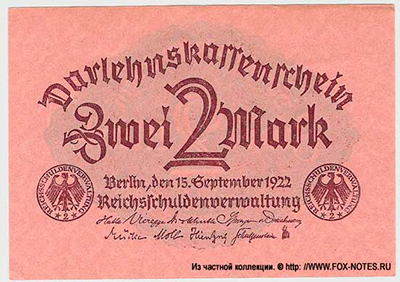 Darlehnskassenschein. 2 Mark. 15. September 1922. 