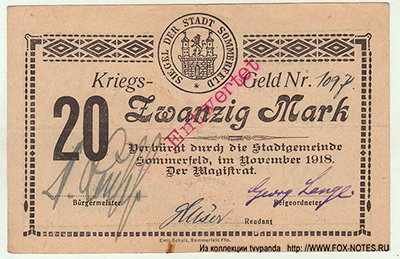 Sommerfeld. Kriegs-Geld. November 1918. 20 Mark.