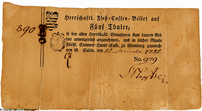 Herrschaftl. Floss - Cassen-Bilett. 5 Thaler 1785.