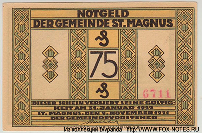 Notgeld der Gemeinde St. Magnus. 75 Pfennig 1921.