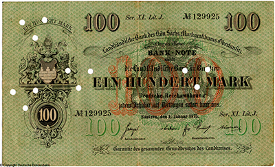 Landständische Bank des Königlich Sächsischen Markgrafenthums Oberlausitz Bank-note. 100 Mark. 1. Januar 1875.