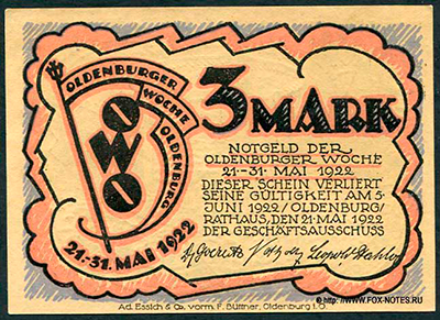  Oldenburger Woche 3 Mark 1922. NOTGELD