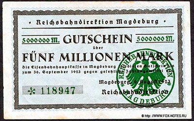 Reichsbahndirektion Magdeburg 5 Millionene Mark 1923