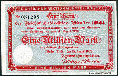 Reichsbahndirektion Münster / Westf. 1 Million Mark 1923