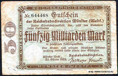 Reichsbahndirektion Münster / Westf. 50 Milliarden Mark 1923