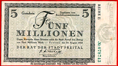 Stadt Freital 5 millionen mark 1923. NOTGELD НОТГЕЛЬД