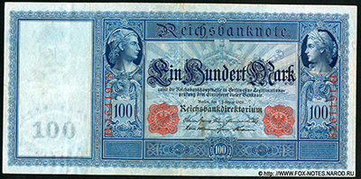 Reichsbanknote. 100 Mark. 7. Februar 1908 Flotten-Hunderter.  Deutsches Reich