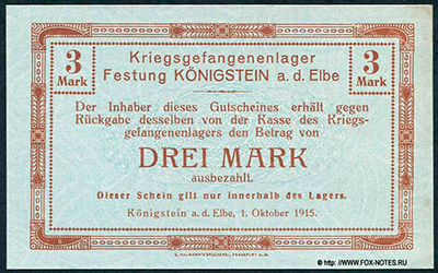 Offizier-Gefangenenlager Festung Königstein 3 Mark 1915 / NOTGELD