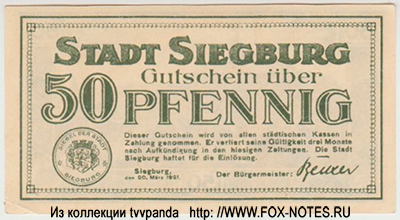 Stadt Siegburg 50 Pfennig 1921. NOTGELD