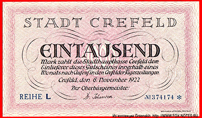 Stadthauptkasse Crefeld 1000 Mark 1922 /  