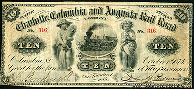 Charlotte, Columbia and Augusta Rail Road Company  10 Dollars 1873
