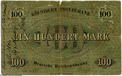 Colnische Privatbank Rheinland Banknote. 100 Mark. 6. März 1874. 