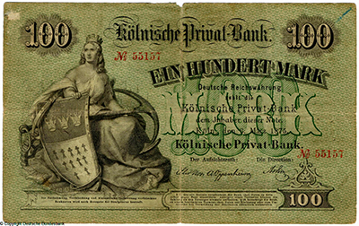Kölnische Privat-Bank Banknote. 100 Mark. 6. März 1874. 