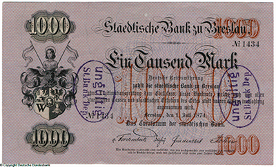Städtische Bank in Breslau Banknote. 1000 Mark. 1. Juli 1874. 