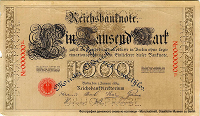Reichsbanknote. 1000 Mark. 2. Januar 1884.  Muster DRUCKPROBE