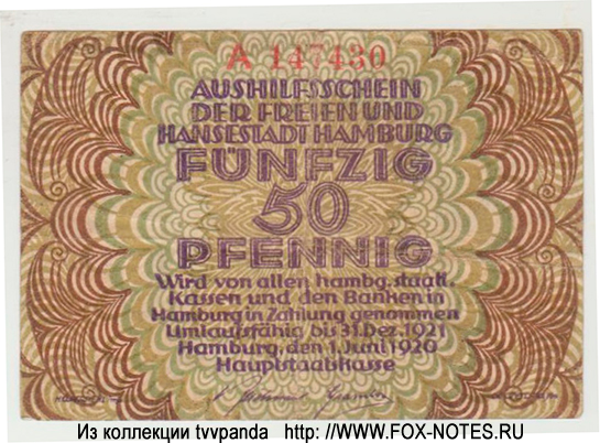 Finanzdeputation und Hauptstaatskasse, Hamburg Wechselschein zur Aushilfe. 50 Pfennig. 1920.