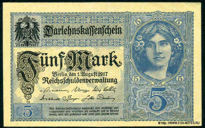 Darlehnskassenschein. 5 Mark. 1. August 1917. Ro.54d