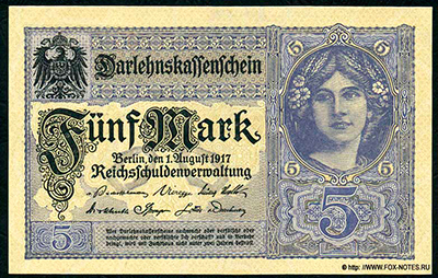 Darlehnskassenschein. 5 Mark. 1. August 1917. Deutsches Reich