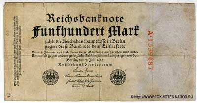 Reichsbanknote. 500 Mark. 7. Juli 1922. ( 1) Ro. 71a
