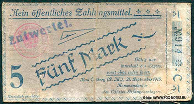 Offizier-Kriegsgefangenenlager Bad Colberg 5 Mark 1915 NOTGELD