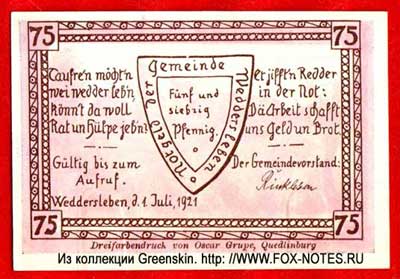 Gemeinde Weddersleben 75 Pfennig 1921 Notgeld