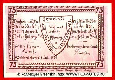 Gemeinde Weddersleben 75 Pfennig 1921 Notgeld