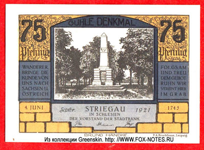 Stadt Striegau 75 Pfennig 1921 notgeld