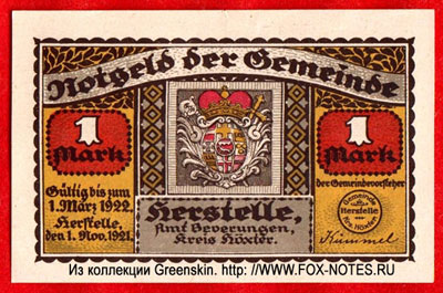 Notgeld der Gemeinde Herstelle. 1. November 1921. 1  Mark.