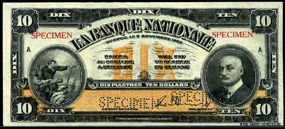 La Banque Nationale 10 Dollars 1922 SPECIMEN