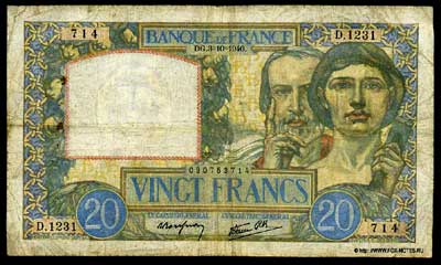 Banque de France 20 Francs 1940 P.Rousseau Favre-Gilli