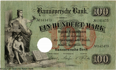 Hannoversche Bank  Banknote. 100 Mark. 1. Januar 1874.