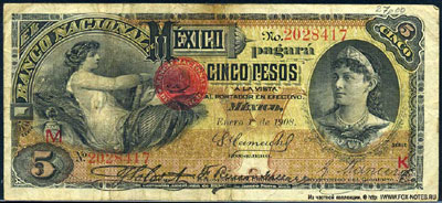 Banco Nacional de Mexico 5 Pesos 1908 /  