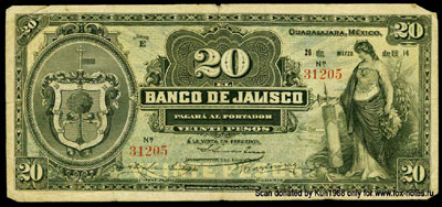Banco de Jalisco 20 Pesos 1914 /  