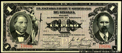 El Estado Libre y Soberano de Sinaloa  1 peso 1915 /  