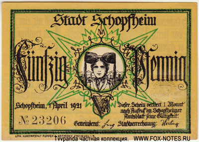 Stadt Schopfheim 1921 50 Pfennig. NOTGELD 