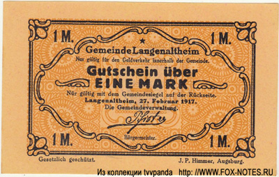Gemeinde Langenaltheim 1 Mark 1917 NOTGELD