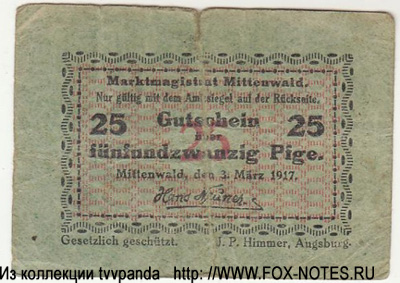 Marktmagistrat Mittenwald 25 Pfennig 1917 NOTGELD