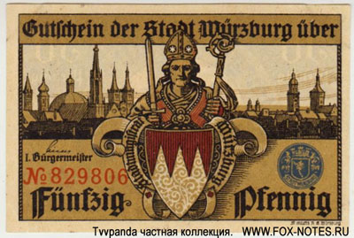 Gutschein der Stadt Würzburg. 1919. Gültig bis 1.1.1920. 50 Pfennig.