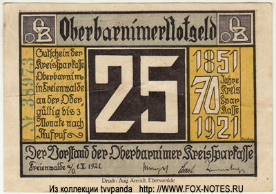 Oberbarnim Notgeld. 25 пфеннигов 1.X.1921. / нотгельд