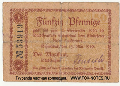 Stadtsparkasse Schwiebus 50 Pfennig 1919. NOTGELD .