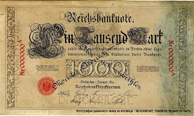 Reichsbanknote. 1000 Mark. 1. Januar 1891.  