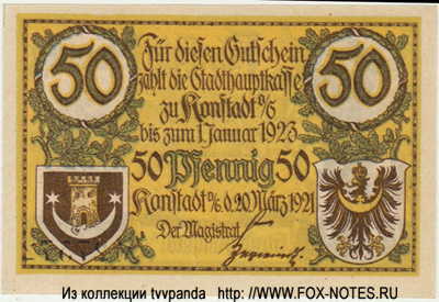 Stadt Konstadt 50 Pfennig 1921 NOTGELD Preußische Provinz Oberschlesien