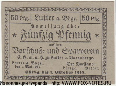 Vorschuss- und Sparverein Lutter am Barenberge 50 Pfennig 1917 NOTGELD