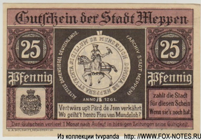 Gutschein der Stadt Meppen. 25 Pfennig 1921. NOTGELD