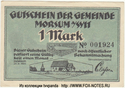 Gutschein der Gemeinde Morsum. 1 марка 1921 нотгельд германия
