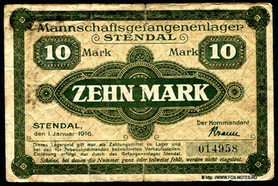 Mannschafgefangenenlager Stendal 10 mark 1916. notgeld