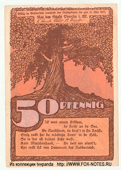 Reutergeld Penzlin. 50 Pfennig 1922. NOTGELD